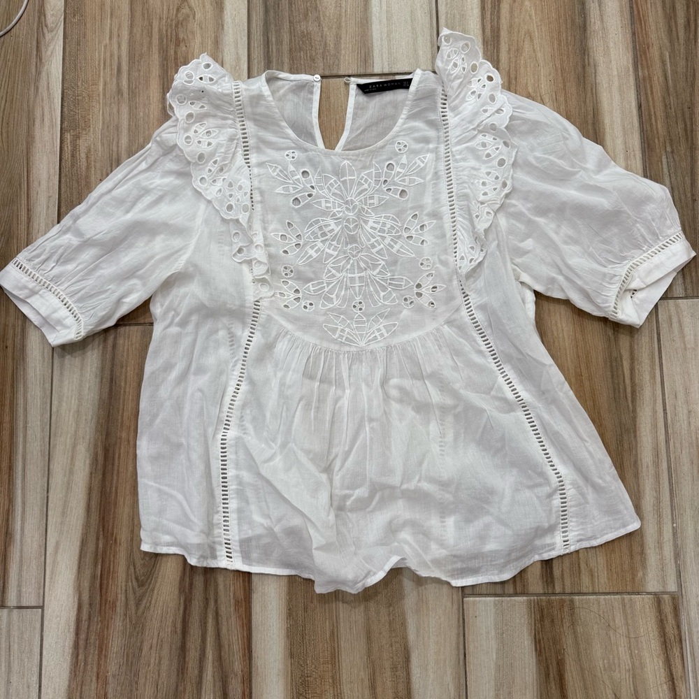 Zara White Eyelet Blouse with Ruffle Detail